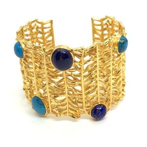GOLD TONE CUFF BRACELET LAPIS TURQUOISE GEM STONE GOLD PLATE OPEN WORK BRUTALIST